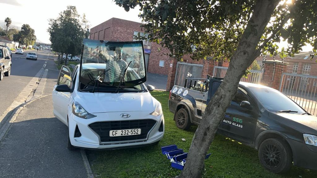 Professional technician installing windscreen